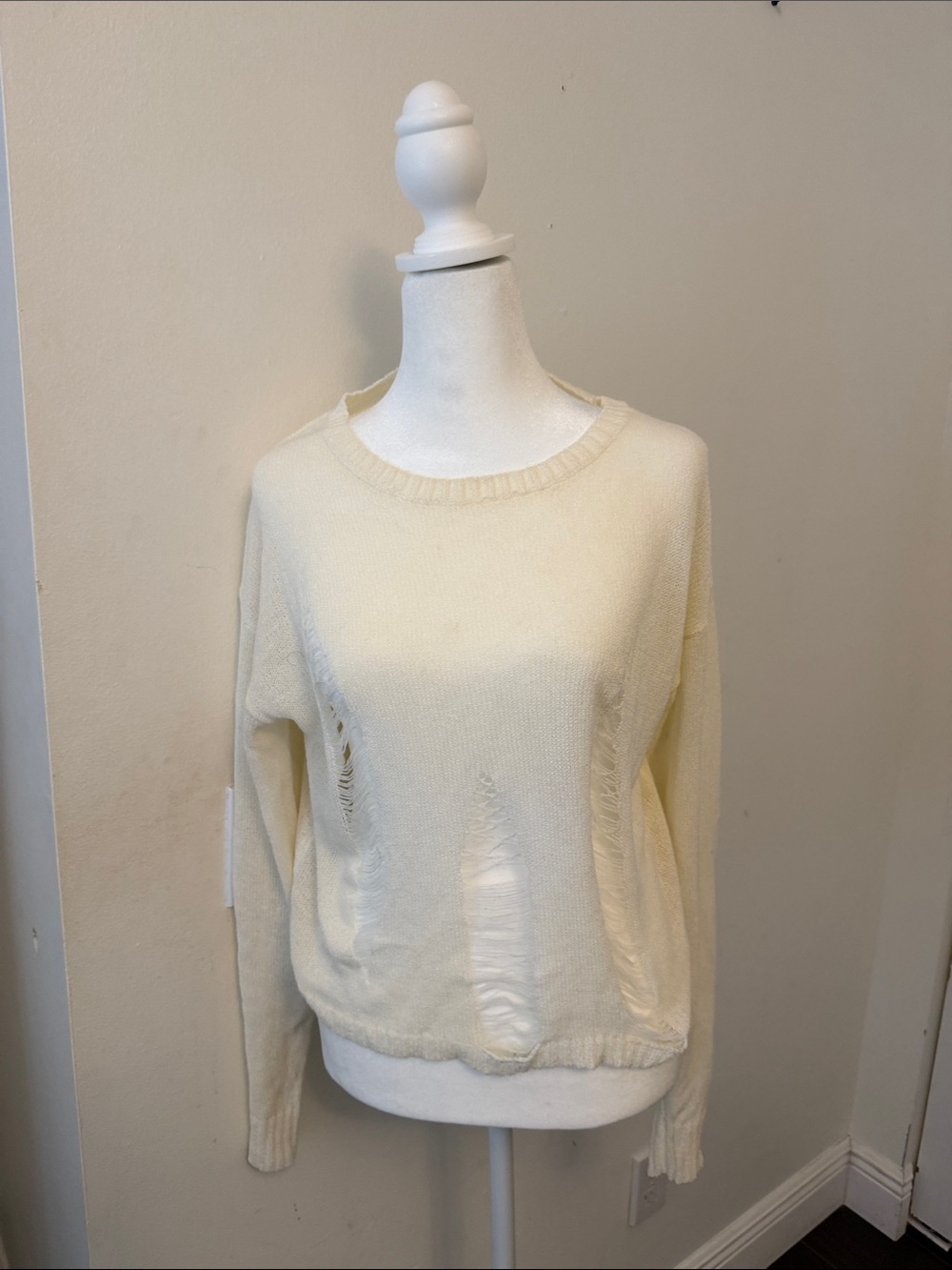 Honey Punch Cream Distressed Crew Neck Sweater